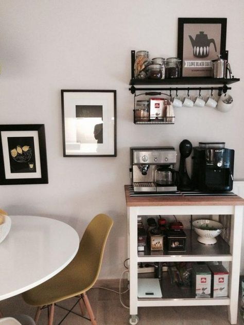 Coffee station ideas - where to place them? - Little Piece Of Me #coffeestationideas #coffeestationideascountertop #coffeestationideasforsmallkitchen #coffeestationideasfarmhousestyle #coffeestationideassmallspaces #coffeestationideascountertopmodern Diy Coffee Bar Table, Small Coffee Bar, Office Coffee Bar, Diy Coffee Station, Corner Coffee, Coffee Station Kitchen, Coin Café, Coffee Bar Station, Coffee Bar Ideas