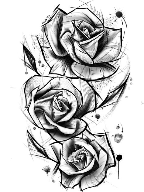 Men’s Flower Tattoo Design, Rose Tattoo Filler Ideas, Flower Tattoo Designs For Men, Men Floral Tattoo, Mens Floral Tattoo, Floral Tattoo Design Men, Rose And Geometric Tattoo Design, Rose Tattoo Design For Men, Sketch Rose Tattoo