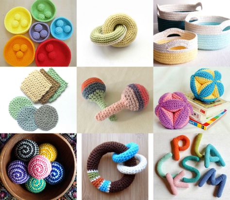 Montessori *things* to Crochet Crochet Materials, Things To Crochet, I Love Crochet, Crochet Game, Baby Toys Diy, Baby Sensory Toys, Montessori Baby Toys, Crochet Ball, Crochet Toddler