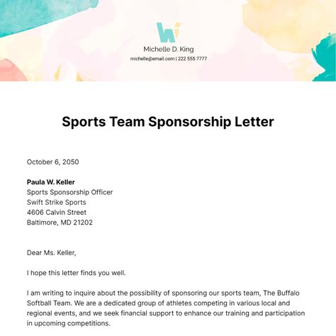 Customize and Download this "Free Sponsorship Letter for Sports Team". Enhance this design & content with free ai. "Free Sponsorship Letter for Sports Team" is in editable, printable format. Donation Request Letters Sports, Sports Sponsorship Letter, Formal Letter Writing Format, Sponsorship Letter Template, Band Booster, Letter Writing Format, Sponsorship Levels, Donation Request Letters, Fundraising Letter