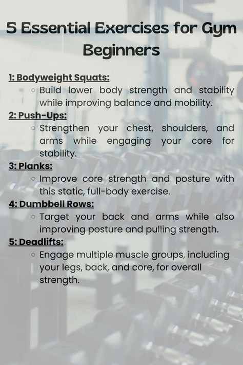 A graphic detailing five essential exercises for gym beginners: bodyweight squats, push-ups, planks, dumbbell rows, and deadlifts. Simple text overlay on a gym-inspired background. Gym Beginner, Workout Form, How To Build Strength, New To The Gym, Gym Tips For Beginners, Basic Exercise, Gym Etiquette, Gym For Beginners, Basic Workout