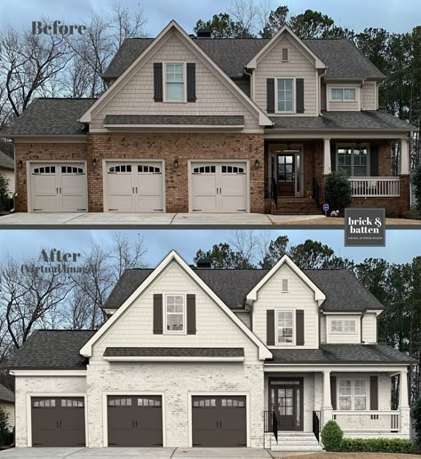 10 Traditional House Exterior Design Ideas - brick&batten Exterior House Paint Makeover, House Exterior Painted Brick, Siding And Brick House Exterior, White Brick House Remodel, Exterior Brick House Colors Ideas, Vinyl And Brick House Exterior Colors, Outside House Colors Schemes With Brick, Painted Brick With Siding, Light House Dark Trim Exterior