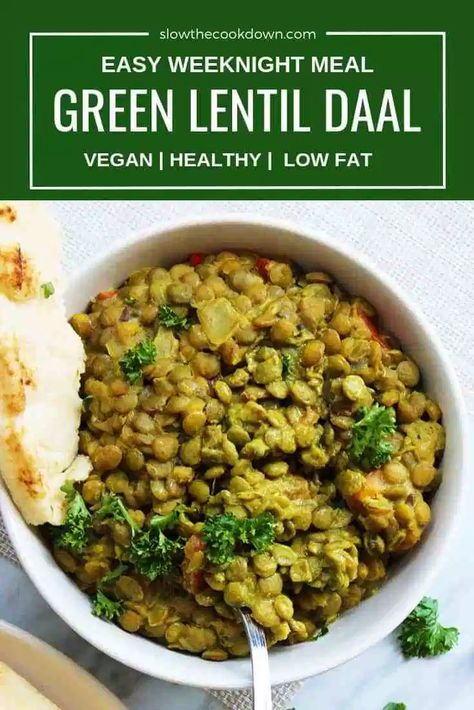 This green lentil daal recipe is Indian inspired and packed full of tasty spices.  It's ready in less than 45 minutes, made in one pot and perfect for meal prep.  It also happens to be vegan, so it's perfect for your meat free Monday! Easy weeknight dinner | Indian Recipe | coconut milk | one pot meal #greenlentil #daal #veganrecipe Green Lentil Daal, Quick Green Lentil Recipes, Green Lentils Recipe Easy, Green Lentil Recipes Indian, Indian Green Lentil Recipes, Green Lentil Recipes Easy, Green Lentil Recipes, Dinner Indian, Green Lentil