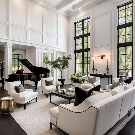 Large White Living Room, Modern House With Vintage Touch, Glass Living Room Decor, Contemporary Design Living Room, Living Room With Piano And Fireplace, Living Room Grand Piano, Formal Living Room With Piano, Living Room With Black Windows, Celebrity Living Rooms