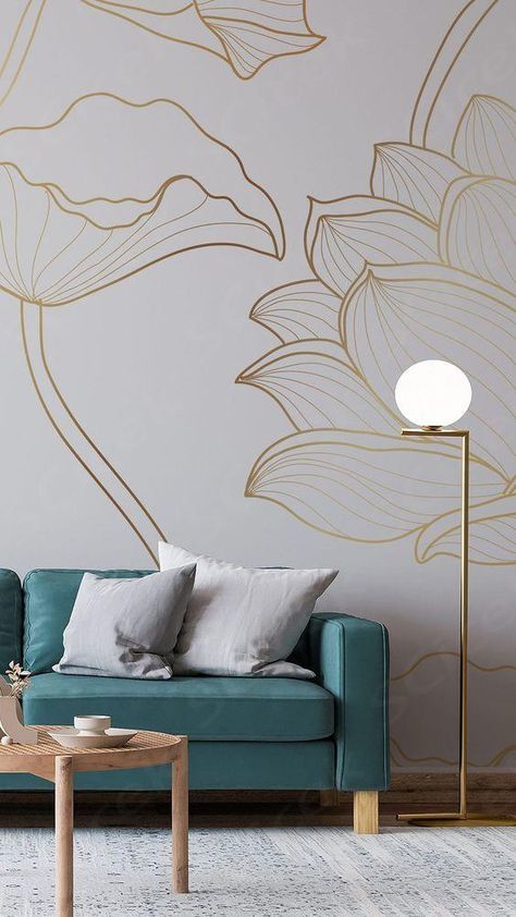 Create a beyond pretty feature wall with this made to measure Lines of Lotus wallpaper. Floral Wall Living Room, Sofa Walls Living Room, White Background Living Room, Wallpaper Living Room Feature Wall, Minimal Wall Decor Ideas, White Wallpaper For Walls Interiors, Mural Art Living Room, Line Drawing Wall Mural, Sofa Background Wall Design