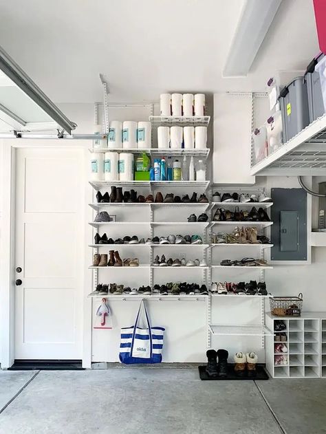 Garage Shoe Storage, Garage Wall Organizer, Pro Organizer, Garage Organization Systems, Garage Systems, Garage Mudroom, Garage Storage Inspiration, Wall Storage Systems, Garage Renovation