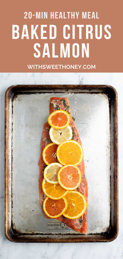 This simple citrus salmon is done in under 20 minutes and delivers mouth-watering flavor. Not only is it perfectly seasoned with panty-staple spices, it’s also elegantly topped with sliced citrus for an impressive dish perfect for family dinner or dinner party. Citrus Baked Salmon, Citrus Herb Salmon, Citrus Glazed Salmon, Salmon With Orange, Citrus Salmon, Lemon Salmon, Plant Based Dinner, Baked Salmon Recipes, Salmon Filet