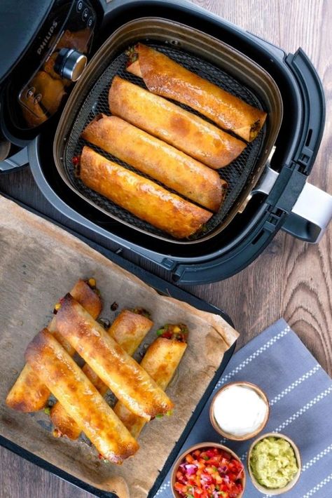 Air Fryer Flautas, Baked Flautas, Greek Yogurt Guacamole, Flautas Recipe, Crispy Rolls, Air Fried Food, Favorite Appetizers, Air Fryer Recipes Easy, Air Fryer Recipes Healthy