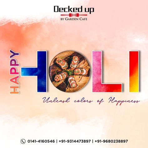 Rejoice in the festive hues of Holi over chef-curated treats at Decked Up by Garden Cafe. Savor traditional delicacies and handcrafted beverages for a colorful afternoon with your friends and family. Wishing everyone a very Happy Holi. . . #gardencafe #deckedup #jaipur #happyholi #happyholi2022 #holi2022 #festivalofcolors #indianfestivals #festivevibes #celebration #colors #specialoccasion #celebrationday #enjoywithfamily Holi Creatives, Holi Creative, Al Baik, Holi Poster, For Instagram Post, Web Design Examples, Cafe Posters, Holi Wishes, Photoshop Design Ideas