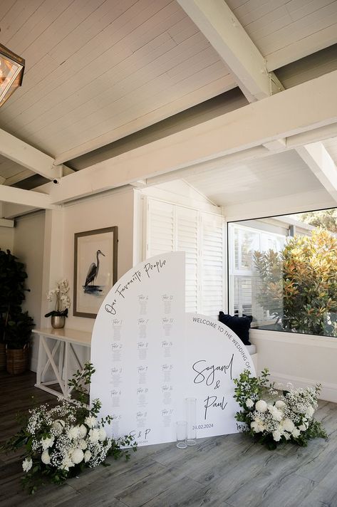 How stunning is the arched welcome sign and seating chart with garden style florals - soft, romantic and dreamy! Photography📸Studio 477 Arched Welcome Sign, Welcome Sign And Seating Chart, Bramleigh Estate, Welcome Sign Seating Chart, Sign Seating Chart, Reception Signage, Wood Arch, Dreamy Photography, Melbourne Wedding