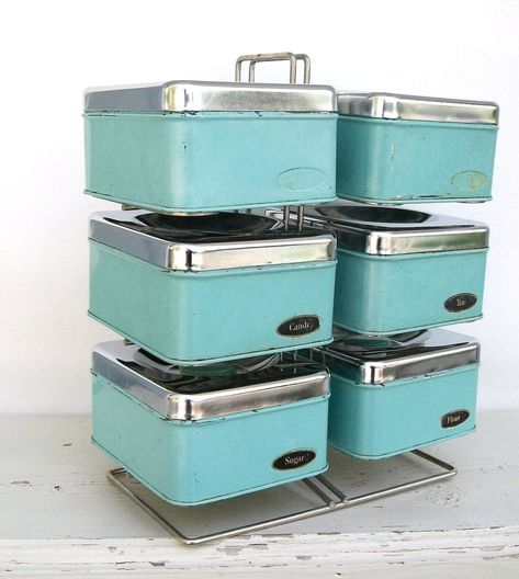 Vintage Kitchen Canisters - Ideas on Foter Retro Microwave, Retro Storage, Vintage Kitchen Canisters, Kitchen Storage Canisters, Turquoise Kitchen, Vintage Kitchens, Chrome Kitchen, Vintage Canisters, Kitschy Kitchen