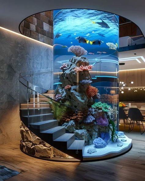 House With Aquarium, In House Aquarium, Aquarium Staircase, Aquriam Ideas Home, Aquarium Room Ideas, Aquarium In House, Luxury Aquarium, Aquarium Design Fish Tanks, Aquarium Bed