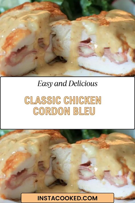 Classic Chicken Cordon Bleu Recipe | Delicious and Easy Crock Pot Chicken Cordon Bleu Recipes, Cordon Bleu Sauce, Chicken Cordon Bleu Sauce, Baked Chicken Cordon Bleu, Easy Chicken Cordon Bleu, Cordon Bleu Recipe, Golden Mushroom Soup, Chicken Cordon Bleu Recipe, Cordon Blue