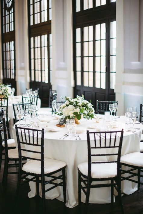 Classic Modern Wedding Reception, Classy Wedding Decor Receptions, Black Wedding Chairs Reception Ideas, Black Chivari Chairs Wedding Receptions, Wedding Reception Black Chairs, Black White Modern Wedding, Black Chairs Wedding Reception, Classic Modern Wedding Decor, Black Tie Wedding Reception Decor