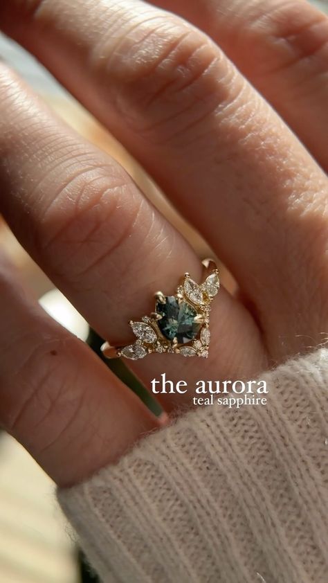 The Aurora 0.88 CT Pear Cut Teal Sapphire Ring✨ Should I do more Aurora rings?🧚‍♂️ #sapphire #fairyring #fantasyjewelry #engagementring… | Instagram Sapphire Engagement Ring Fairy, Aurora Engagement Ring, Winter Engagement Ring, Teal Sapphire Engagement Rings, Teal Wedding Ring, Faerie Engagement Ring, Blue Engagement Ring Sapphire, Beautiful Rings Unique, Elven Engagement Ring