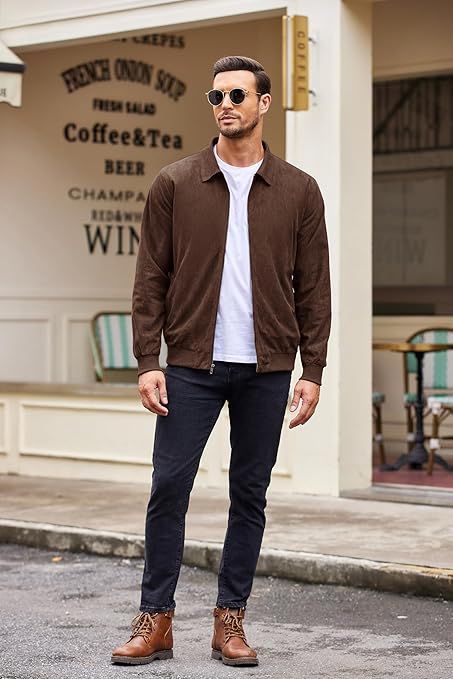 Upgrade your men's fashion style with its classic full-zip design, ensuring both warmth and style for chilly days. Whether you're heading to work, meeting friends, or enjoying outdoor adventures, this bomber jacket fits every occasion. Add this trendy jacket to your collection and redefine your winter wardrobe with a touch of timeless elegance. Brown Suede Jacket Outfit Men, Mens Wardrobe Essentials, Winter Wardrobe Essentials, Versatile Jacket, Faux Leather Jackets, Leather Design, Winter Wardrobe, Men's Casual, Wardrobe Essentials