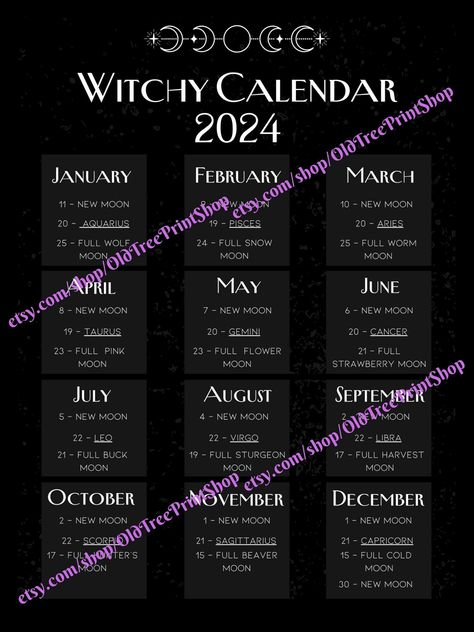 Printable Witchy Calendars 2024 Lunar Calenda Witches Calendar 2024, Witches Calendar 2023, Pagan Holidays Calendar 2024, Moons Of 2024, 2024 Full Moons, Full Moons Of 2024, Witchy Calendar 2024, 2024 Moon Phase Calendar, Witch Calendar 2024