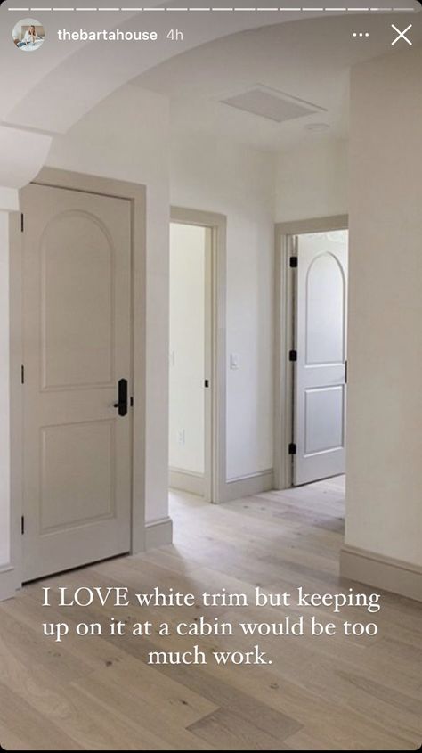 One Color Walls And Trim, Cream Molding White Walls, Colored Trim With White Walls, Ceilings Color Ideas, White Walls With Greige Trim, Modern Farmhouse Trim Color, Baseboard Colors Ideas, White Trim Vs Painted Trim, Trim And Interior Door Colors