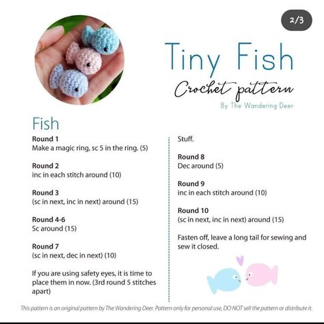 Crochet Tiny Fish Free Pattern, Crochet Patterns Written, Crochet Fish Patterns, Fish Crochet, Crochet Project Free, Crocheted Animals, Tiny Crochet, Tiny Fish, Crochet Fish