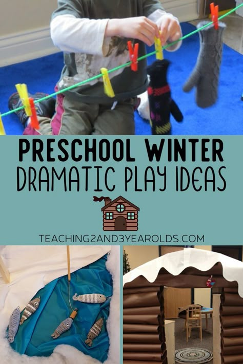 Add some snowy winter fun to your dramatic play area, from ice skating to a snowy winter cabin. #winter #dramaticplay #preschool #toddler #pretend #printable #2yearolds #3yearolds #teaching2and3yearolds Toddler January Themes, Preschool Winter Wonderland, Hibernation Dramatic Play Preschool, Winter Themed Dramatic Play, Igloo Dramatic Play Preschool, Winter Topics For Preschool, Winter Role Play Eyfs, Winter Themes For Toddlers, Ice Skating Dramatic Play