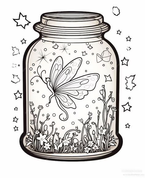 Premium Photo | Enchanting Adventures Magical Firefly Jar with Fairy Minimalistic Coloring Book Page Jar Tattoo, Firefly Jar, Fireflies In A Jar, Fairy Jars, Home Tattoo, Fairy House, Book Page, Coloring Book Pages, Firefly