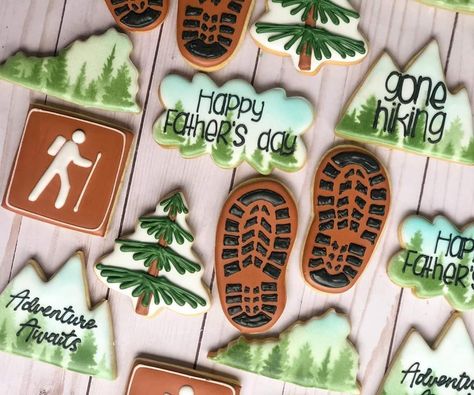 Camping Cookies, Royal Iced Cookies, Day Hiking, Cookie Business, Cutout Sugar Cookies, Fancy Cookies, Iced Cookies, Cut Out Cookies, Brownie Cookies