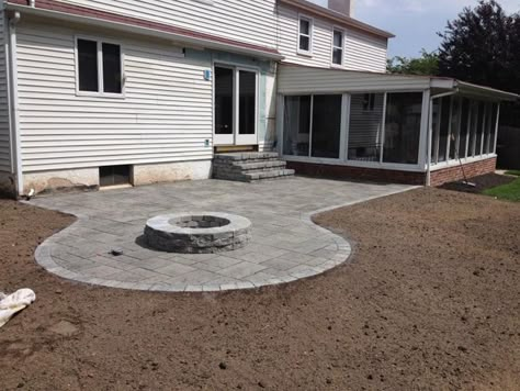 Fire Pit Off Patio, Pavers Fire Pit, Patio Paver Designs Layout, Fire Pit In Backyard, Stone Fire Pits, Paver Patio Installation, Paver Fire Pit, Patio Installation, Concrete Patio Designs