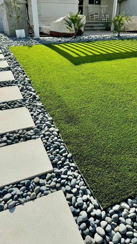 Pavers And Fake Grass Backyard, Turf With Rock Border, Outdoor Turf Patio, Stone And Grass Backyard, Yard Turf Ideas, Turf And Concrete Driveway, Stone And Turf Backyard, Turf Landscape Ideas, Turf Walkway Ideas