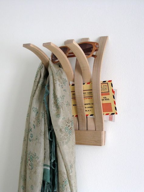 Wall mounted organizer to hang and hold personal items, made from bent wood lamination in maple. Wall Mounted Organizer, Hanger Holder, Bent Wood, Wood Laminate, Objects Design, Maple Wood, Coat Rack, Industrial Design, E Design