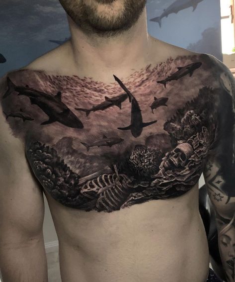 Sharks chest tattoo by Dylan Weber, an artist at Atlnts Studio in Sydney, Australia. Ocean Chest Tattoo, Underwater Theme Tattoo, Shark Chest Tattoo, Ocean Back Tattoo, Nautical Sleeve, Sea Life Tattoos, Underwater Tattoo, Ocean Sleeve, Australia Tattoo