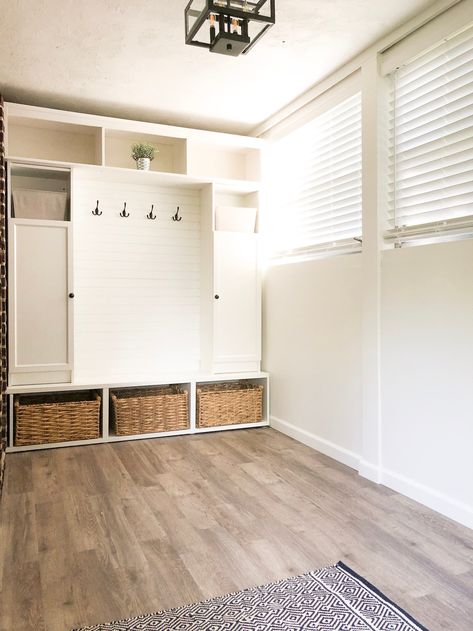 Complete Mudroom Makeover Using IKEA Products! - Alysea Vega Ikea Mud Room, Lifeproof Vinyl Flooring, Entry Way Lockers, Functional Mudroom, Ikea Entryway, Mudroom Cabinets, Mudroom Makeover, Mud Room Entry, Mudroom Lockers