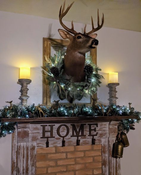 Deer Head Above Fireplace, Decorate Deer Mount For Christmas, Decorating With Antlers, Deer Head Decor, Elk Head, Above Fireplace, Deer Mounts, Wood Fireplace, Wild Free