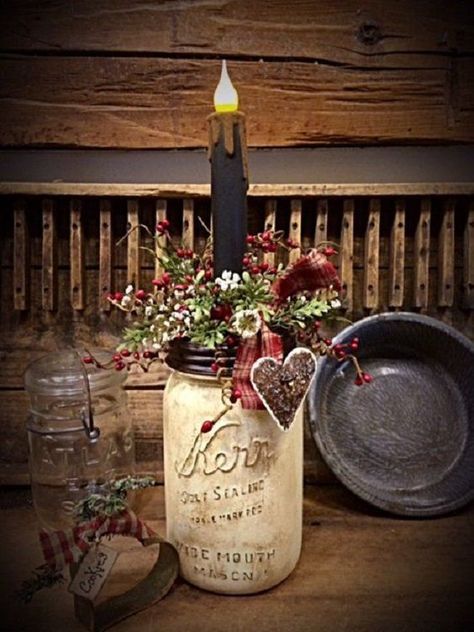 Primitive Mason Jars, Wine Bottle Diy Crafts, Ball Mason Jars, Mason Jar Crafts Diy, Wine Bottle Diy, Mason Jar Lighting, Painted Mason Jars, Primitive Decorating Country, Primitive Crafts