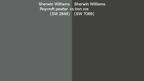 Sherwin Williams Roycroft pewter (SW 2848) vs Iron ore (SW 7069) side by side Iron Mountain Benjamin Moore, Sw Greenblack, Sw Peppercorn, Iron Ore Sherwin Williams, Black Pool, Paint Color Chart, Iron Mountain, Behr Paint, Paint Colors Benjamin Moore