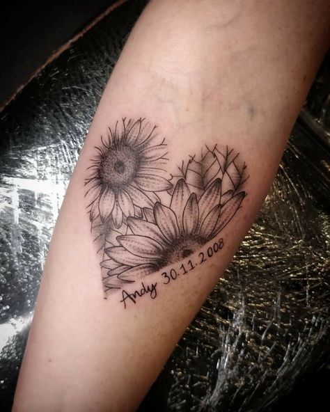 Sunflower With Angel Wings Tattoo, Sunflower Fingerprint Tattoo, Dad Daughter Tattoo Ideas, Grandmother Memorial Tattoo, Sunflower Heart Tattoo, Sunflower Memorial Tattoo, Grandmother Tattoo Ideas, Grandmother Tattoo, Wrist Tatoo