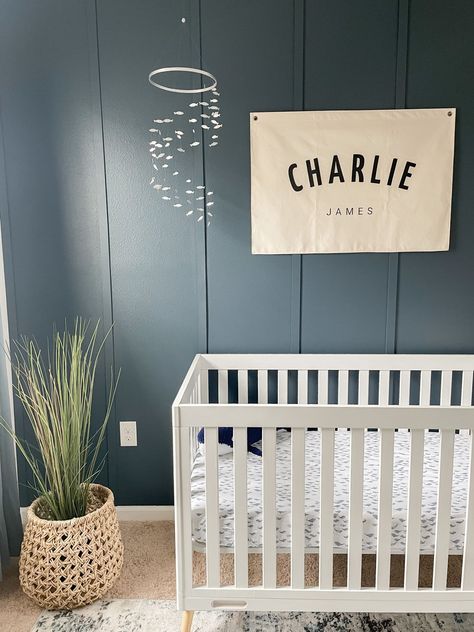 A modern and minimalist twist on an under the sea nursery! Blue Nursery Black Crib, Delta Crib, Navy Blue Nursery Boy, Baby Blue Nursery, Baby Cam, Blue Nursery Boy, Nursery Accent Wall, Boy Nursery Themes, Baby Nursery Inspiration