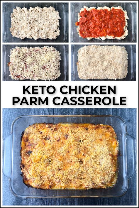 This keto chicken parmesan casserole recipe is very easy to make and it uses cooked chicken. With just a few ingredients you can put this low carb chicken casserole on the table in just 40 minutes! It's perfect for a busy weeknight keto dinner and your whole family will love it. Each serving has only 3.6g net carbs. Low Carb Fast Meals, Love Carb Meals, Fast And Easy Keto Dinners, Keto Quick And Easy Dinner Recipes, Low Carb Dinner Recipes Chicken, Can Chicken Low Carb Recipes, Easy Keto Chicken Casserole, Diced Chicken Recipes Keto, Modified Keto Recipes