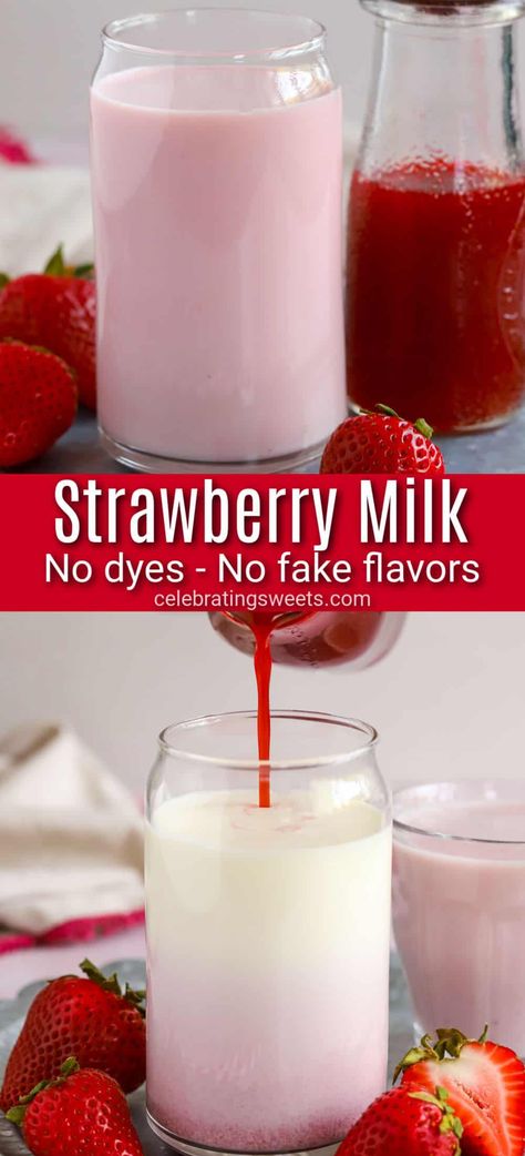 Homemade Strawberry Milk, Strawberry Syrup Recipes, Strawberry Nesquik, Celebrating Sweets, Strawberry Recipe, Strawberry Drinks, Milk Syrup, Homemade Syrup, Healthy Strawberry