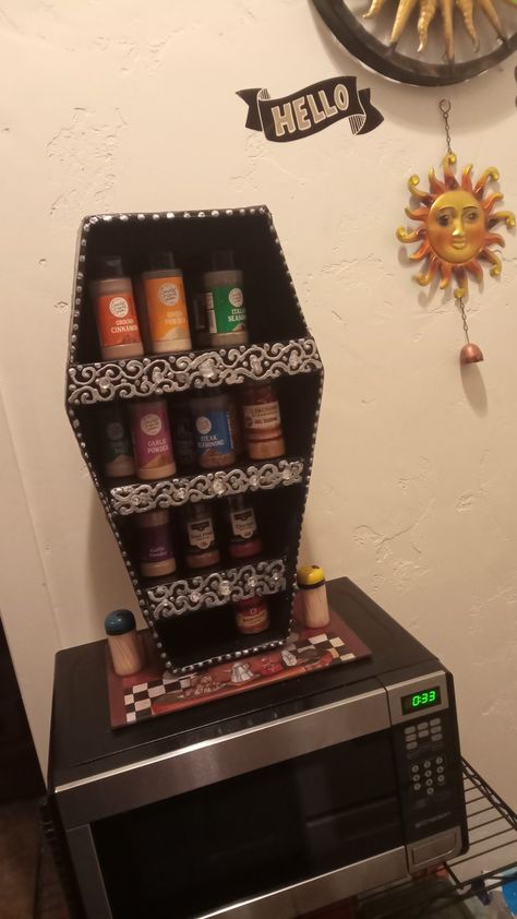 I made this out of cardboard. Diy Coffin Shelf, Diy Coffin, Coffin Shelves, Fall Fest, Gothic Decor, Diy Shelves, Spice Rack, House Ideas, Decor Ideas