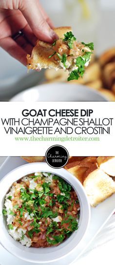 This simple goat cheese dip will impress your friends and is paired with a champagne shallot vinaigrette and crispy crostini! Goat Cheese Dip, Iron Chef, Cheese Dip, Football Food, Small Bites, Appetizer Dips, Goat Cheese, Appetizers For Party, Yummy Appetizers