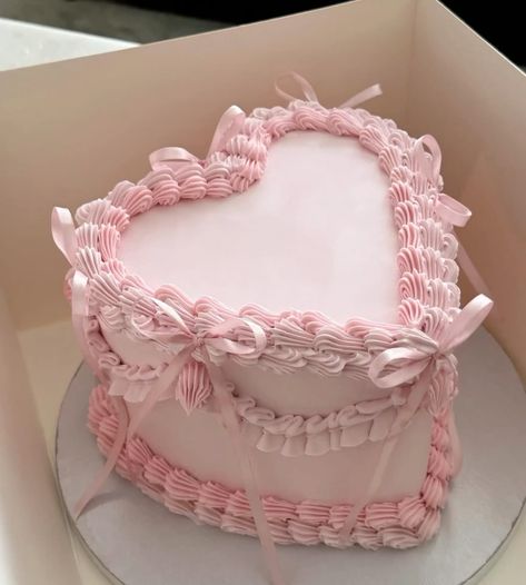 Heart pink cake with pink bow Galantine Cakes, Bow Cake Design Birthday, Aesthetic Cakes Simple, Pink Bow Heart Cake, Heart Cake Coquette, Cute Valentines Cake Ideas, Ruffle Heart Cake, Pink Vintage Cake With Bows, Walmart Heart Cake