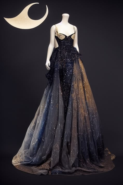 Acotar Dress Aesthetic, Nesta Dress Acotar, Star Gown Night Skies, Ravenclaw Ball Gown, Constellation Dress Gowns, Celestial Fashion Aesthetic, Celestial Dress Aesthetic, Space Inspired Dress, Night Court Gown