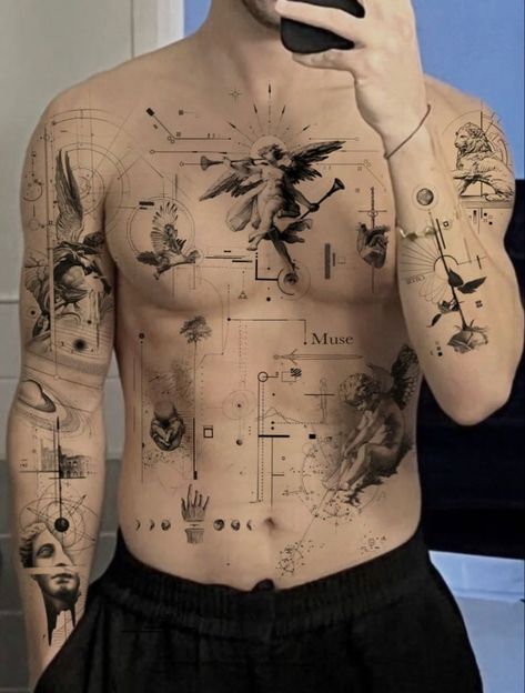 Patchwork Full Body Tattoos, Abstract Men Tattoo, Tattoo Spine Mens, Line Art Tattoos For Men, Micro Realism Tattoo Men, Road Map Tattoo, Sleeve Tattoos Patchwork, Chest Tattoo Geometric, Minimal Neck Tattoo