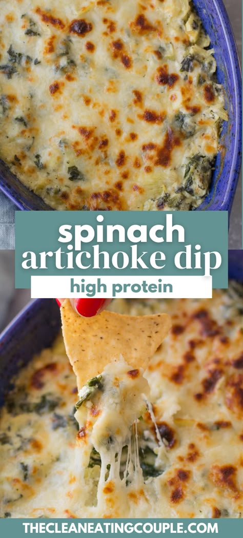 High Protein Spinach Artichoke Dip is a healthy appetizer you'll love! Easy to make, low carb, and gluten free! It has 11g of protein per serving. Perfect for game day! Spinach Artichoke Dip High Protein, Protein Artichoke Dip, Holiday Appetizers High Protein, Spinach Dip Recipe Healthy, Greek Yogurt Protein Dip, Paleo Dips Appetizers, Protein Thanksgiving Recipes, High Protein Holiday Recipes, High Protein Spinach Artichoke Dip Cottage Cheese