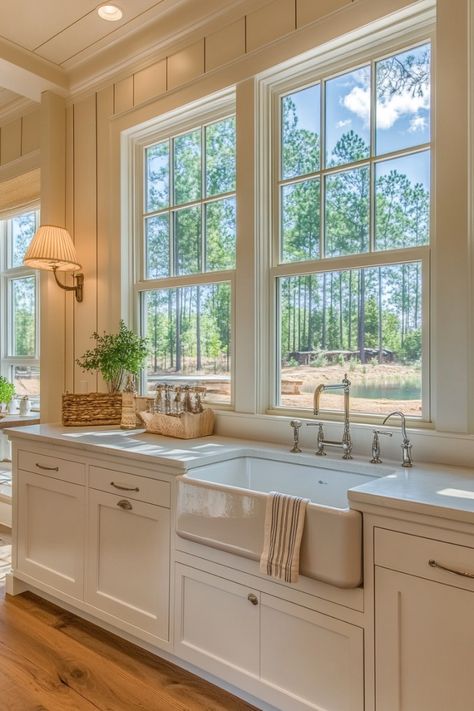 Farmhouse Kitchen With   Big Windows Above Sink Window Not Centered Over Sink, 3 Windows Above Kitchen Sink, Windows Behind Kitchen Sink, Big Window Above Kitchen Sink, Picture Window Above Kitchen Sink, Large Window Kitchen Sink, Large Windows In Kitchen, Kitchen Interior With Window, Big Kitchen Window Over Sink