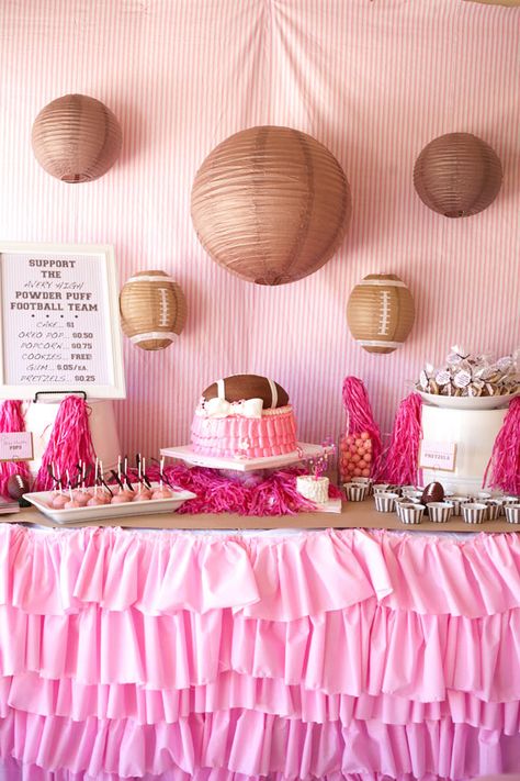 Pink Football Party, Girl Football Party, Powder Puff Football, Football Baby Shower, Pink Football, Football Theme Party, Football Birthday Party, Football Birthday, Baby Shower Activities