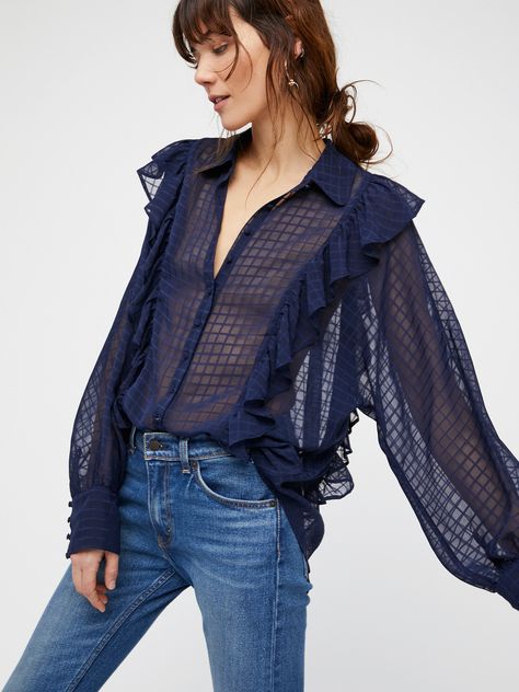 Heart and Soul Buttondown | Free People Outfit Con Camisa, Preppy Tops, Patch Work Blouse, Navy Blue Blouse, Ruffle Long Sleeve, Plaid Blouse, Long Blouse, Blue Blouse, Fashion Tops