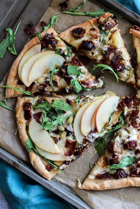 Medjool Date Apple Bacon Pizza with fontina cheese and arugula • Fit Mitten Kitchen Date Pizza, Raspberry Chicken, Vegan Easter Recipes, Bacon Pizza, Vegan Easter, Fontina Cheese, Date Recipes, Pregnancy Food, Small Bites