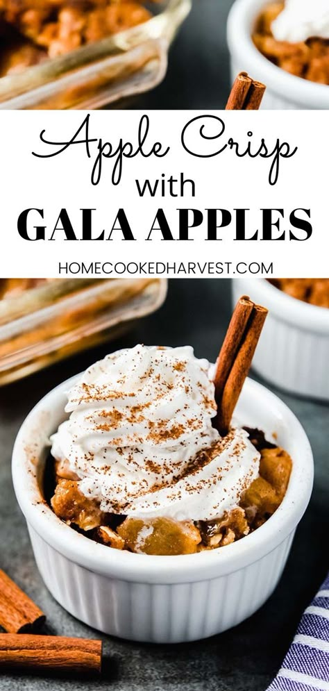 This easy Apple Crisp recipe is full of juicy, ripe gala apples in a gooey cinnamon sauce all topped off with a crunchy oat topping. Apple crisp with gala apples is a classic and delicious fall treat that you are going to make again and again. Apple Crisp Gala Apples, Gala Apple Crisp Recipe, Apple Crisp With Gala Apples, Recipes For Gala Apples, Gala Apples Recipes Simple, Recipes With Gala Apples, Make Ahead Apple Desserts, Make Ahead Apple Crisp, Gala Apples Recipes