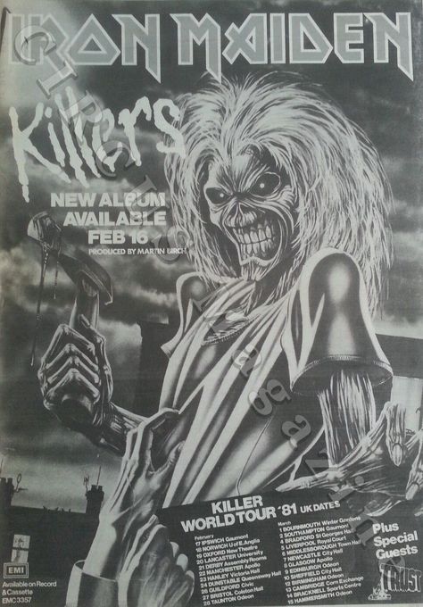 February 2, 1981:  #IronMaiden released their #Killers album (February 16th and June 6th in some countries). Ozzy Poster, Iron Maiden Posters, Eddie The Head, Music Ads, Iron Maiden Band, Grunge Posters, Heavy Metal Girl, Iron Maiden Eddie, Rock Band Posters